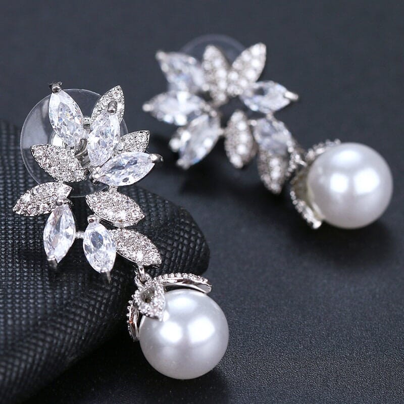 Round Pearl Drop Crystal Earrings, Bridal CZ Diamond 14K Gold Pearl Studs, Wedding Crystal Stud Earrings - KaleaBoutique.com