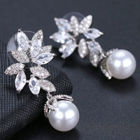 Round Pearl Drop Crystal Earrings, Bridal CZ Diamond 14K Gold Pearl Studs, Wedding Crystal Stud Earrings - KaleaBoutique.com
