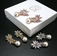 Round Pearl Drop Crystal Earrings, Bridal CZ Diamond 14K Gold Pearl Studs, Wedding Crystal Stud Earrings - KaleaBoutique.com