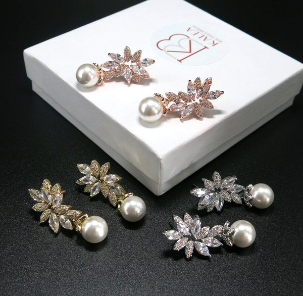 Round Pearl Drop Crystal Earrings, Bridal CZ Diamond 14K Gold Pearl Studs, Wedding Crystal Stud Earrings - KaleaBoutique.com
