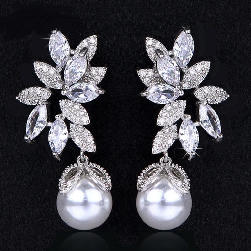 Round Pearl Drop Crystal Earrings, Bridal CZ Diamond 14K Gold Pearl Studs, Wedding Crystal Stud Earrings - KaleaBoutique.com