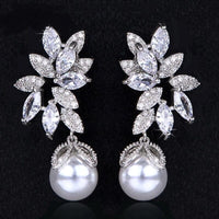 Round Pearl Drop Crystal Earrings, Bridal CZ Diamond 14K Gold Pearl Studs, Wedding Crystal Stud Earrings - KaleaBoutique.com