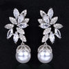 Round Pearl Drop Crystal Bridesmaid Earrings, Bridal CZ Diamond Crystal Pearl Studs, 14K Gold Wedding Pearl Dangle Fashion Stud Earrings - KaleaBoutique.com