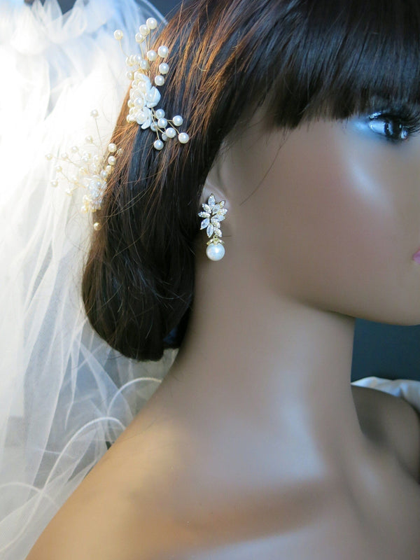 Round Pearl Drop Crystal Earrings, Bridal CZ Diamond 14K Gold Pearl Studs, Wedding Crystal Stud Earrings - KaleaBoutique.com