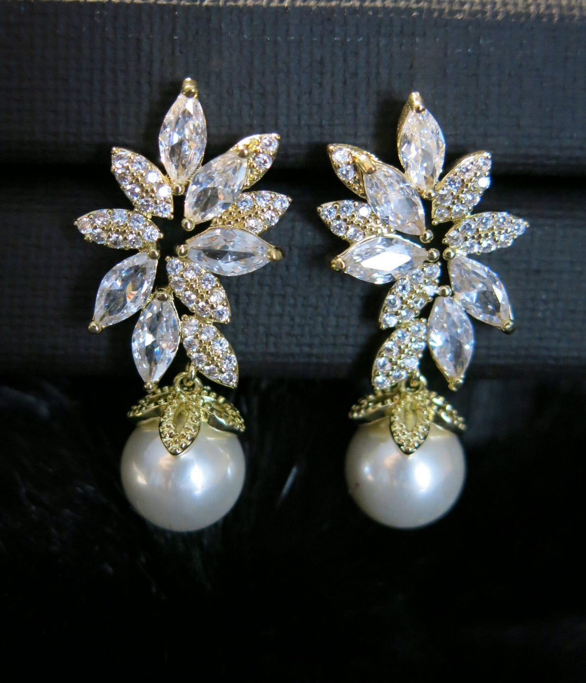 Round Pearl Drop Crystal Earrings, Bridal CZ Diamond 14K Gold Pearl Studs, Wedding Crystal Stud Earrings - KaleaBoutique.com