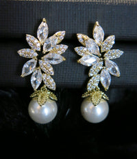 Round Pearl Drop Crystal Earrings, Bridal CZ Diamond 14K Gold Pearl Studs, Wedding Crystal Stud Earrings - KaleaBoutique.com