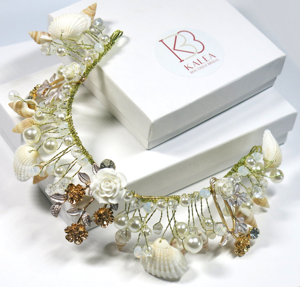 Natural Seashell and Pearl Tiara, Beach Wedding Bridal Boho Head Wreath Crown, Shell Hair Vine Headband - KaleaBoutique.com
