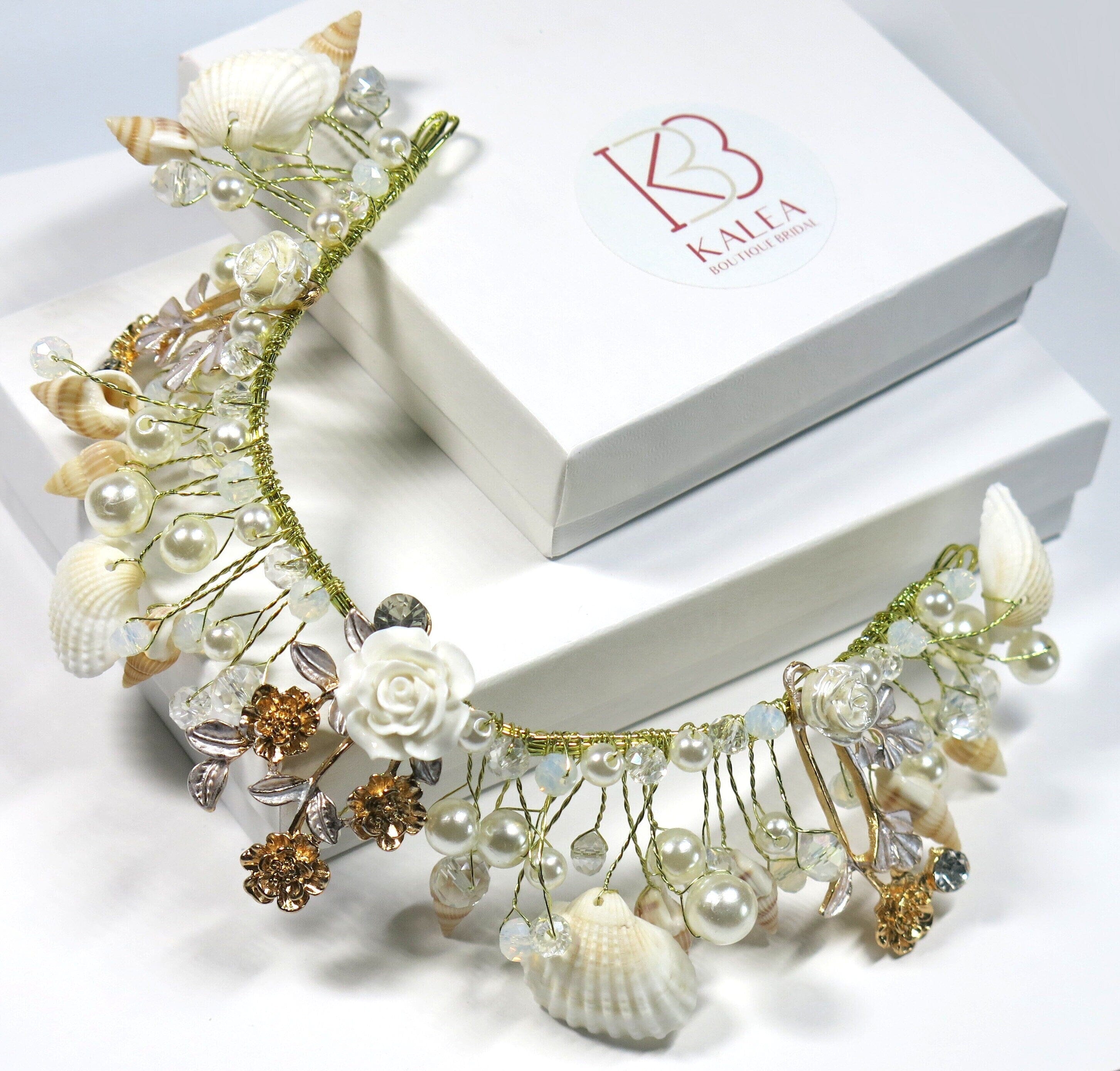 267. The Burlap Seashell Pearl Beaded Headband Natural Seashell and Pearl Tiara, Beach Wedding Bridal Boho  main image 2