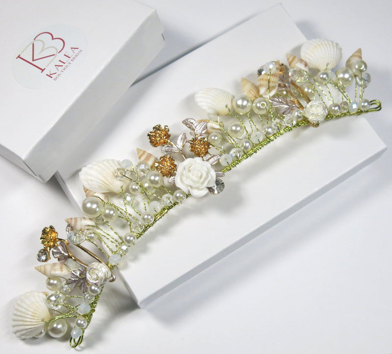 Seashell Pearl and Beads Mermaid Tiara, Tropical Style Wedding Bridal Boho Headband Wreath, Shell Hair Vine Sea Pearl Crown or Necklace - KaleaBoutique.com