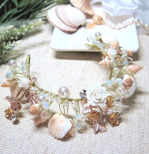 Natural Seashell and Pearl Tiara, Beach Wedding Bridal Boho Head Wreath Crown, Shell Hair Vine Headband - KaleaBoutique.com