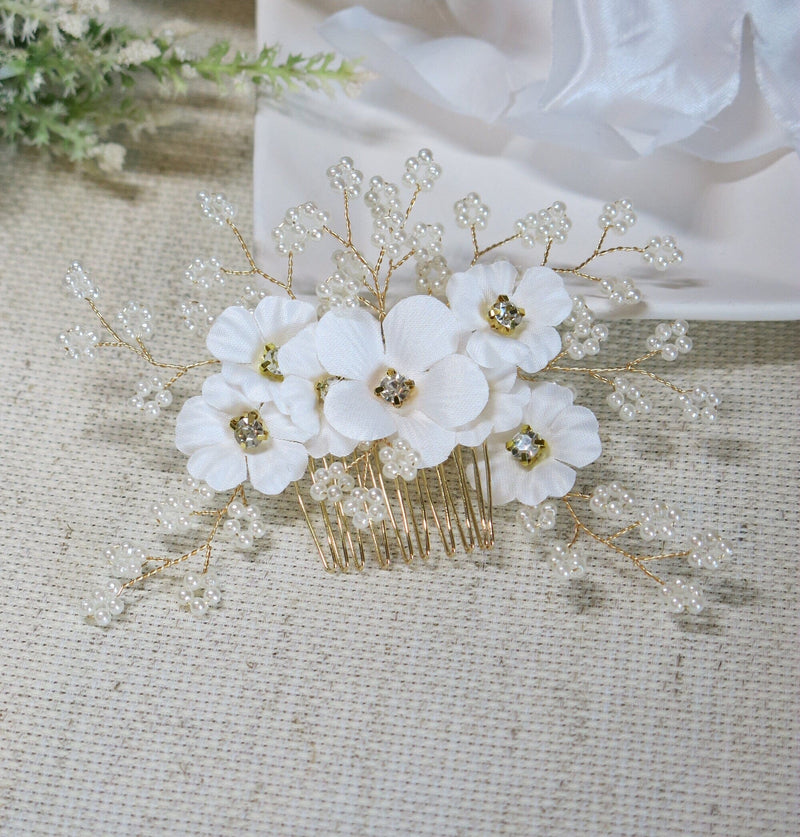 Silk White Flower Bridal Hair Comb, Wedding Floral Gold Hairpiece, Bridesmaid Silk Floral Hairpiece - KaleaBoutique.com