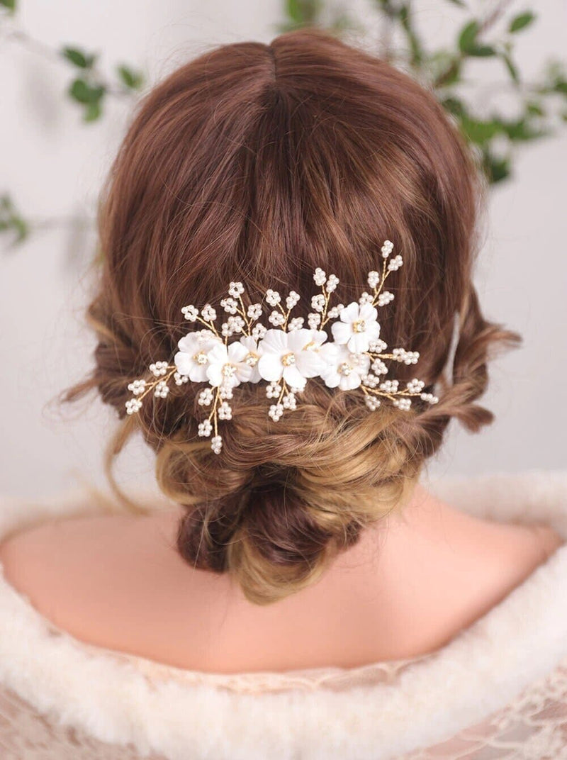 Silk White Flower Bridal Hair Comb, Wedding Floral Gold Hairpiece, Bridesmaid Silk Floral Hairpiece - KaleaBoutique.com