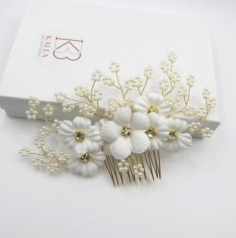 Silk White Flower Bridal Hair Comb, Wedding Floral Gold Hairpiece, Bridesmaid Silk Floral Hairpiece - KaleaBoutique.com