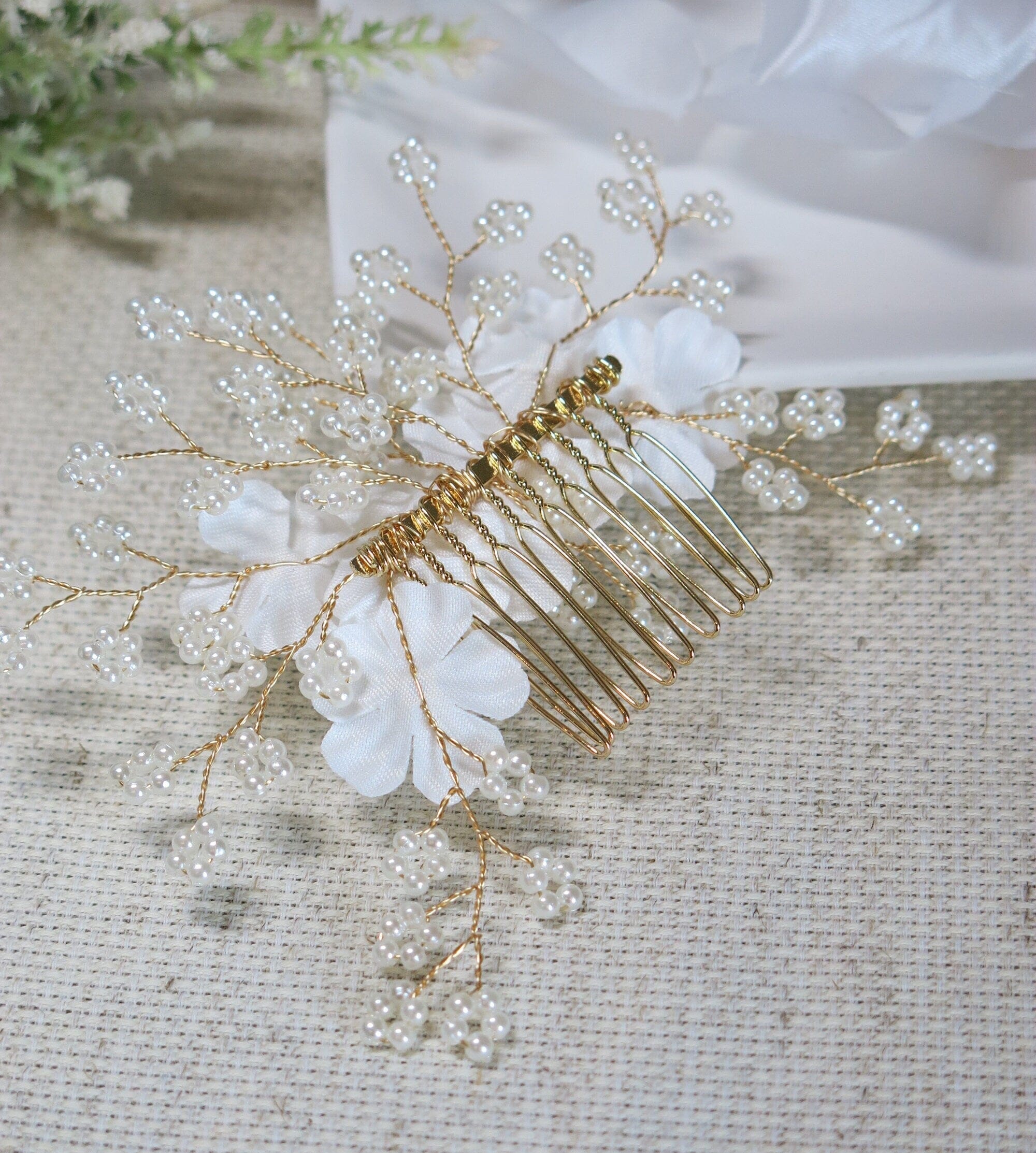 Silk White Flower Bridal Hair Comb, Wedding Floral Gold 