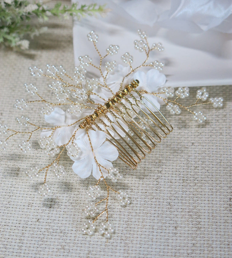 Silk White Flower Bridal Hair Comb, Wedding Floral Gold Hairpiece, Bridesmaid Silk Floral Hairpiece - KaleaBoutique.com