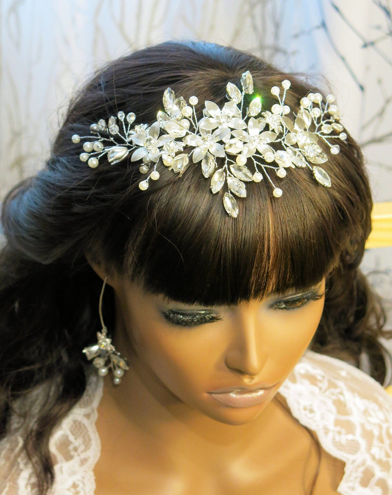 Silver Flower Hairpiece and Bridal Marquise Hoop Earrings, Wedding Metal Flower Hair Vine Headpiece - KaleaBoutique.com