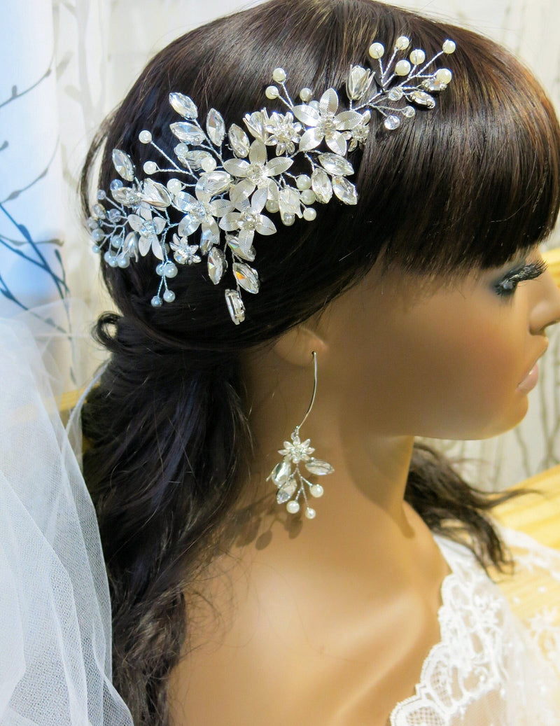 Silver Flower Hairpiece and Bridal Marquise Hoop Earrings, Wedding Metal Flower Hair Vine Headpiece - KaleaBoutique.com