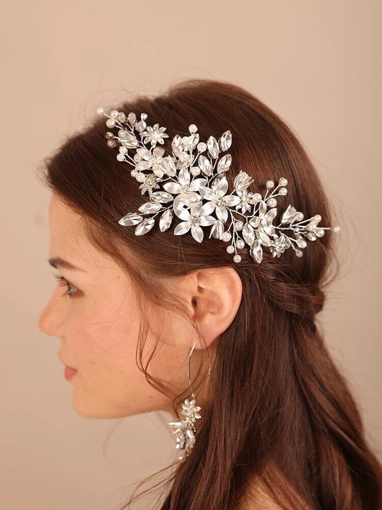 Silver Flower Crystal Hairpiece and Marquise Hoop Earring 3PC Set, Wedding Metal Flower Hair Vine Gem Pearl Hairpiece Bridal Jewelry Set - KaleaBoutique.com