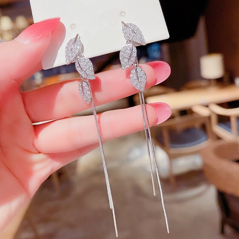 Silver Leaf 2-in-1 Ear Jacket Stud Earrings, Studded Silver Leaf Double Chain Dangle Earrings, Minimalist Tassel Earrings - KaleaBoutique.com