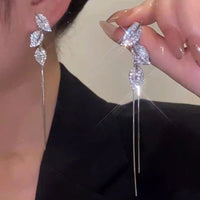 Silver Leaf 2-in-1 Ear Jacket Stud Earrings, Studded Silver Leaf Double Chain Dangle Earrings, Minimalist Tassel Earrings - KaleaBoutique.com