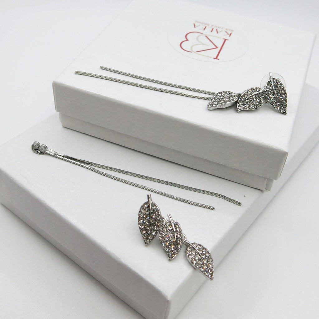 Silver Leaf 2-in-1 Ear Jacket Stud Earrings, Studded Silver Leaf Double Chain Dangle Earrings, Minimalist Tassel Earrings - KaleaBoutique.com