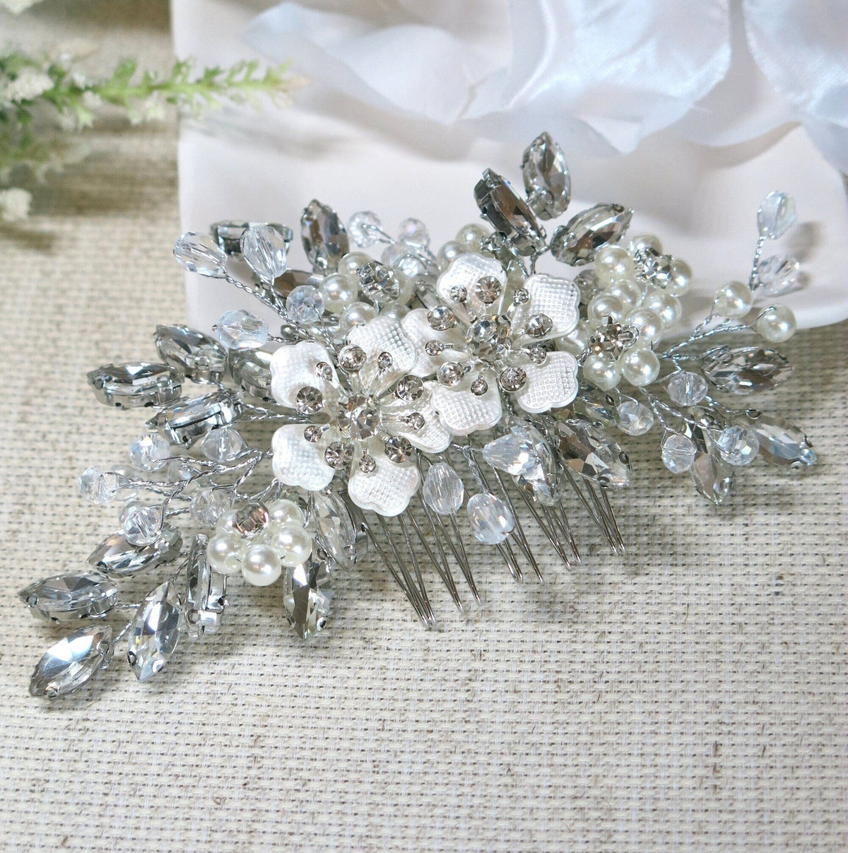 Silver Rhinestone Hair Comb for Bride, Crystal Leaf Wedding Hairpiece, Bridal Metal Flower Headpiece - KaleaBoutique.com
