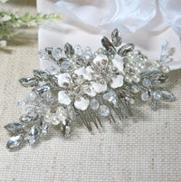 Silver Rhinestone Hair Comb for Bride, Crystal Leaf Wedding Hairpiece, Bridal Metal Flower Headpiece - KaleaBoutique.com