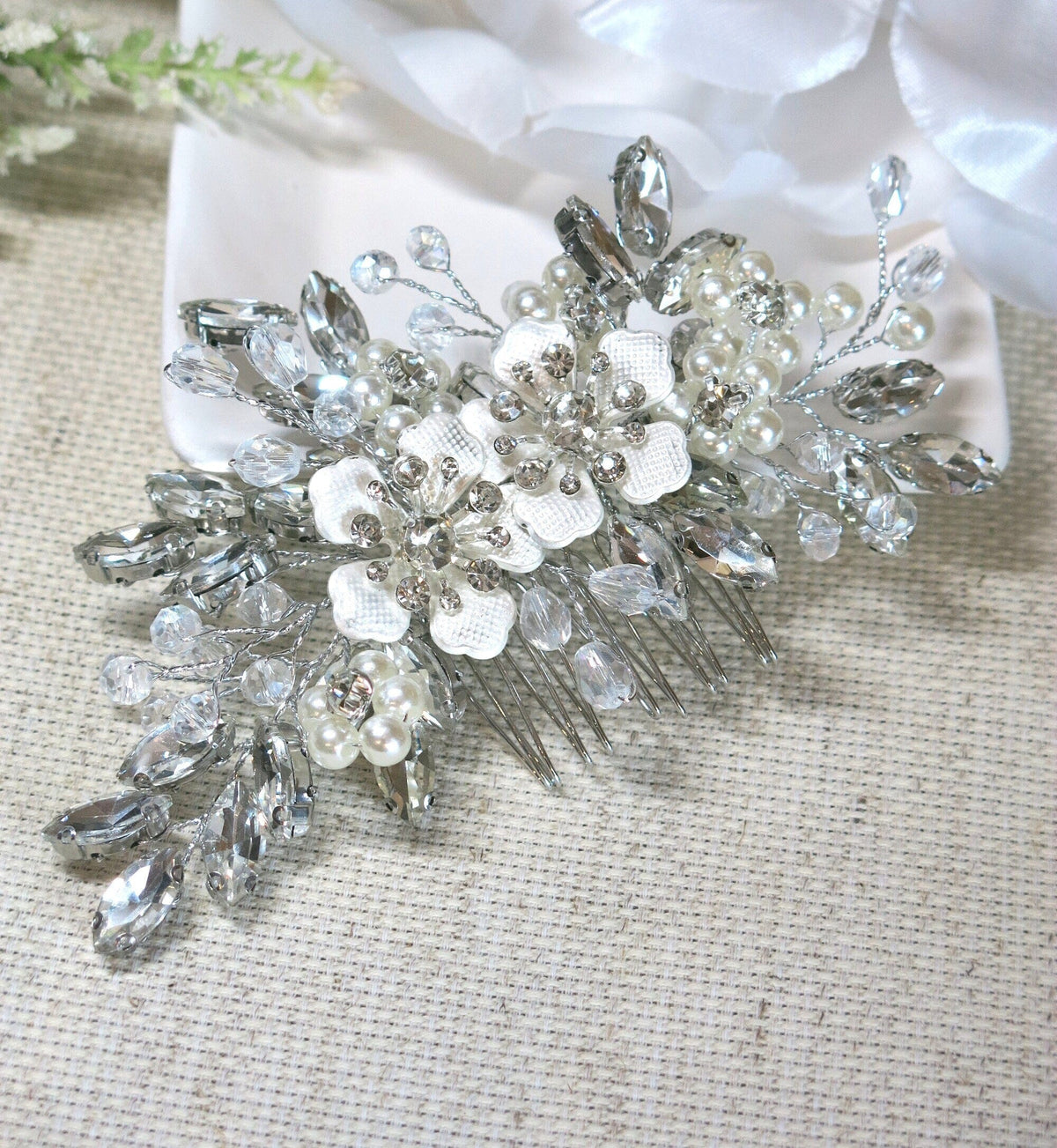Silver Rhinestone Hair Comb for Bride, Crystal Leaf Wedding Hairpiece, Bridal Metal Flower Headpiece - KaleaBoutique.com