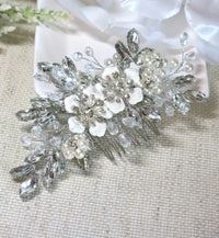 Silver Rhinestone Hair Comb for Bride, Crystal Leaf Wedding Hairpiece, Bridal Metal Flower Headpiece - KaleaBoutique.com