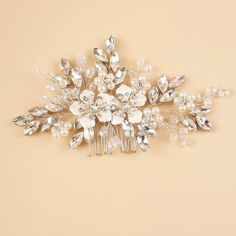 Silver Rhinestone Hair Comb for Bride, Crystal Leaf Wedding Hairpiece, Bridal Metal Flower Headpiece - KaleaBoutique.com