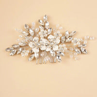 Silver Rhinestone Hair Comb for Bride, Crystal Leaf Wedding Hairpiece, Bridal Metal Flower Headpiece - KaleaBoutique.com