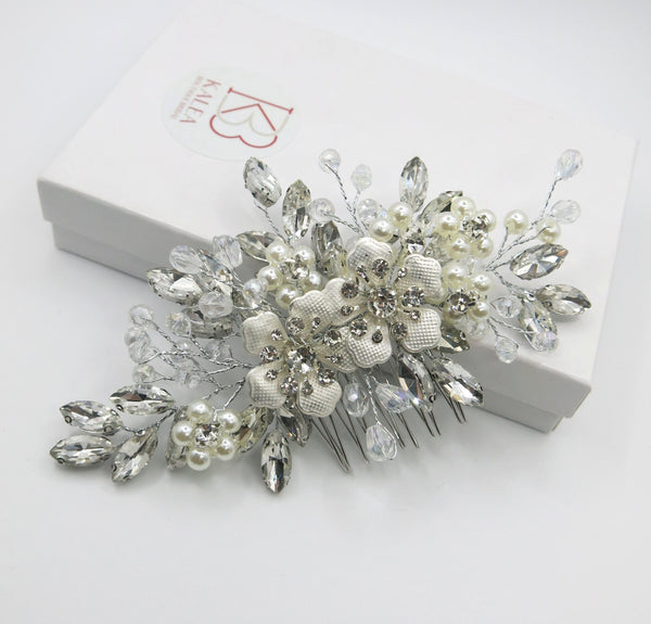 Silver Rhinestone Hair Comb for Bride, Crystal Leaf Wedding Hairpiece, Bridal Metal Flower Headpiece - KaleaBoutique.com
