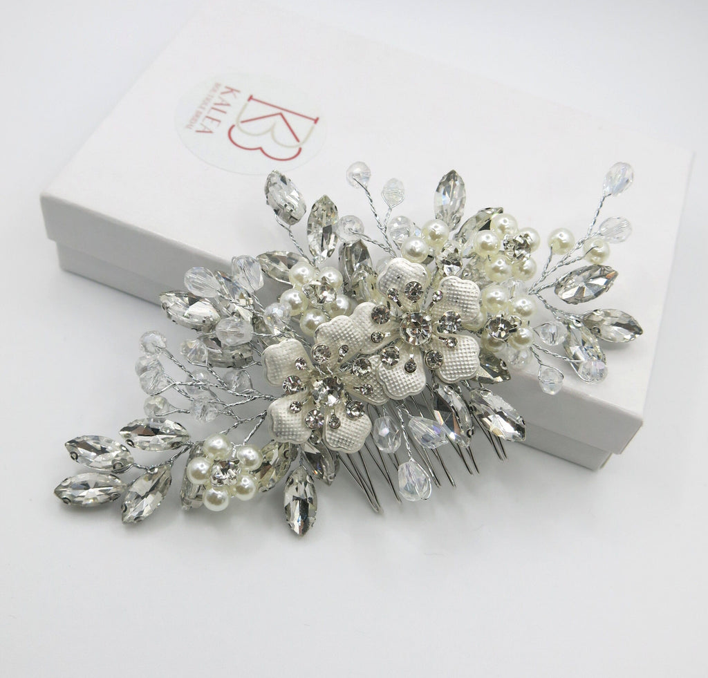 Silver Rhinestone Hair Comb for Bride, Crystal Leaf Wedding Hairpiece, Bridal Metal Flower Headpiece - KaleaBoutique.com