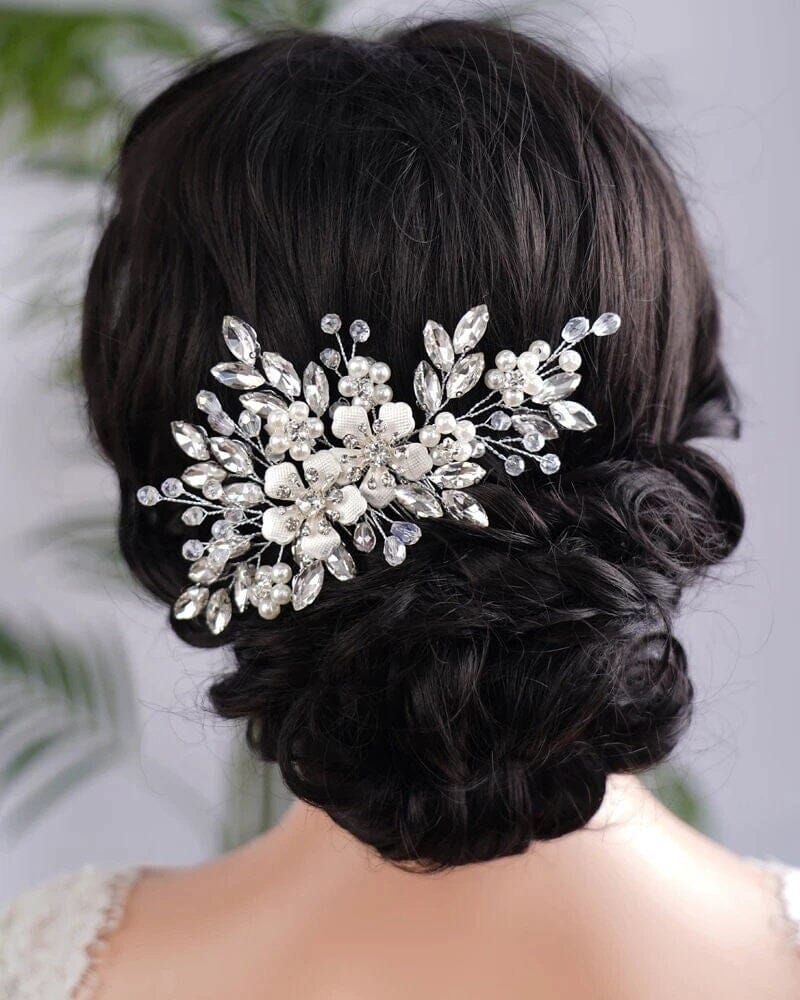 Silver Rhinestone Hair Comb for Bride, Crystal Leaf Wedding Hairpiece, Bridal Metal Flower Headpiece - KaleaBoutique.com