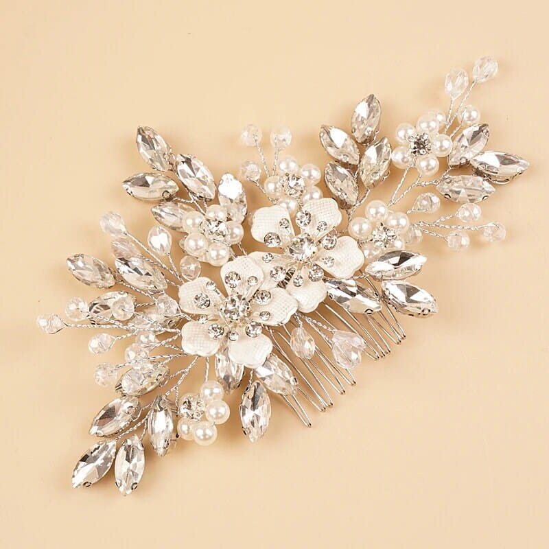 Silver Rhinestone Hair Comb for Bride, Crystal Leaf Wedding Hairpiece, Bridal Metal Flower Headpiece - KaleaBoutique.com