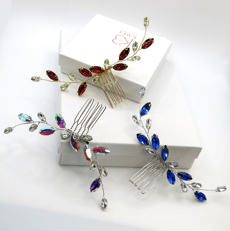 Simply Elegant Small Bridal Hair Comb in Blue, Wine Red or AB Rhinestone Crystals, Wedding Crystal Bridesmaids Hairpin - KaleaBoutique.com