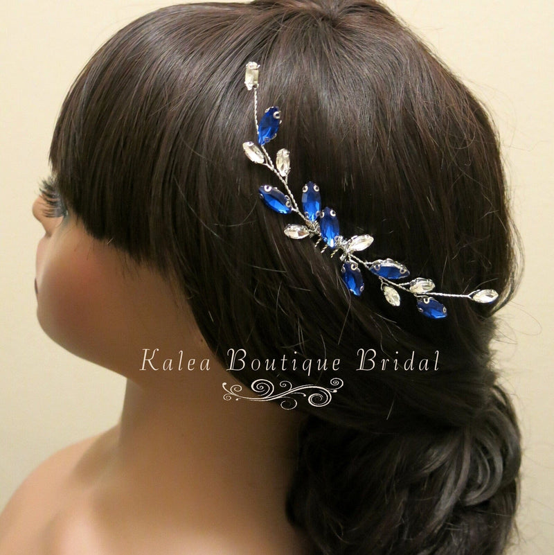 Simply Elegant Bridal Blue, Red or AB Rhinestone Crystal Leaf Branch Hair Piece, Wedding Crystal Hair Comb, Bridesmaid Blue Crystal Hair Pin - KaleaBoutique.com