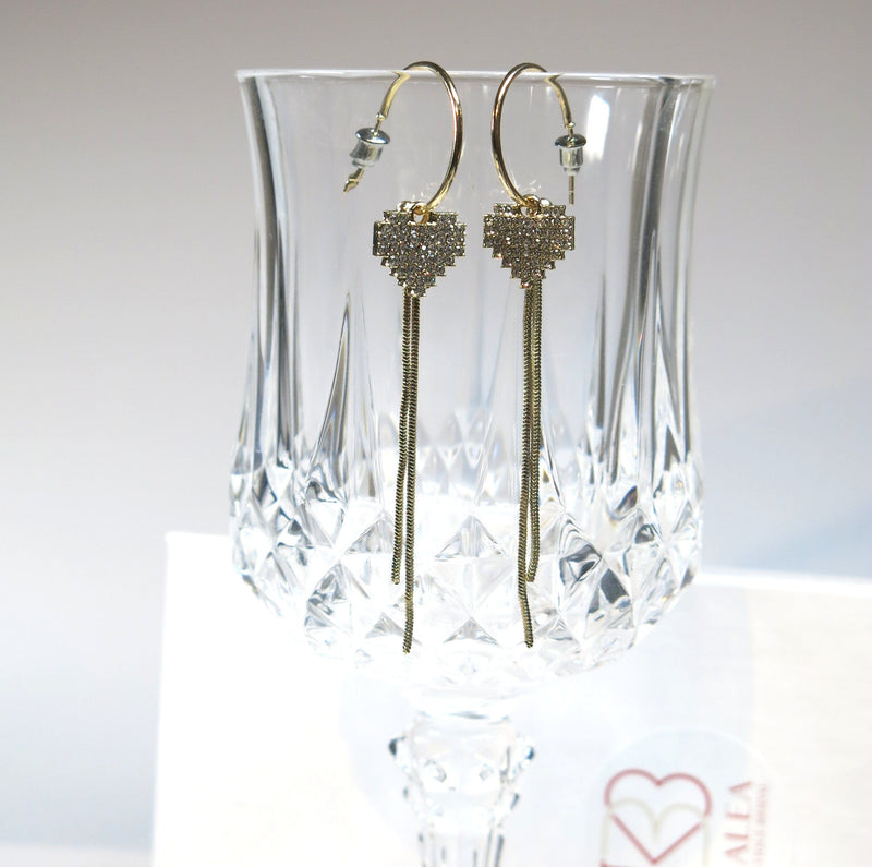 Studded Heart Gold Hoop Earrings, Chain Dangle Charm Studs, Wedding Bridal Bridesmaid Heart Earrings, Crystal Heart Charm Dainty Earrings - KaleaBoutique.com