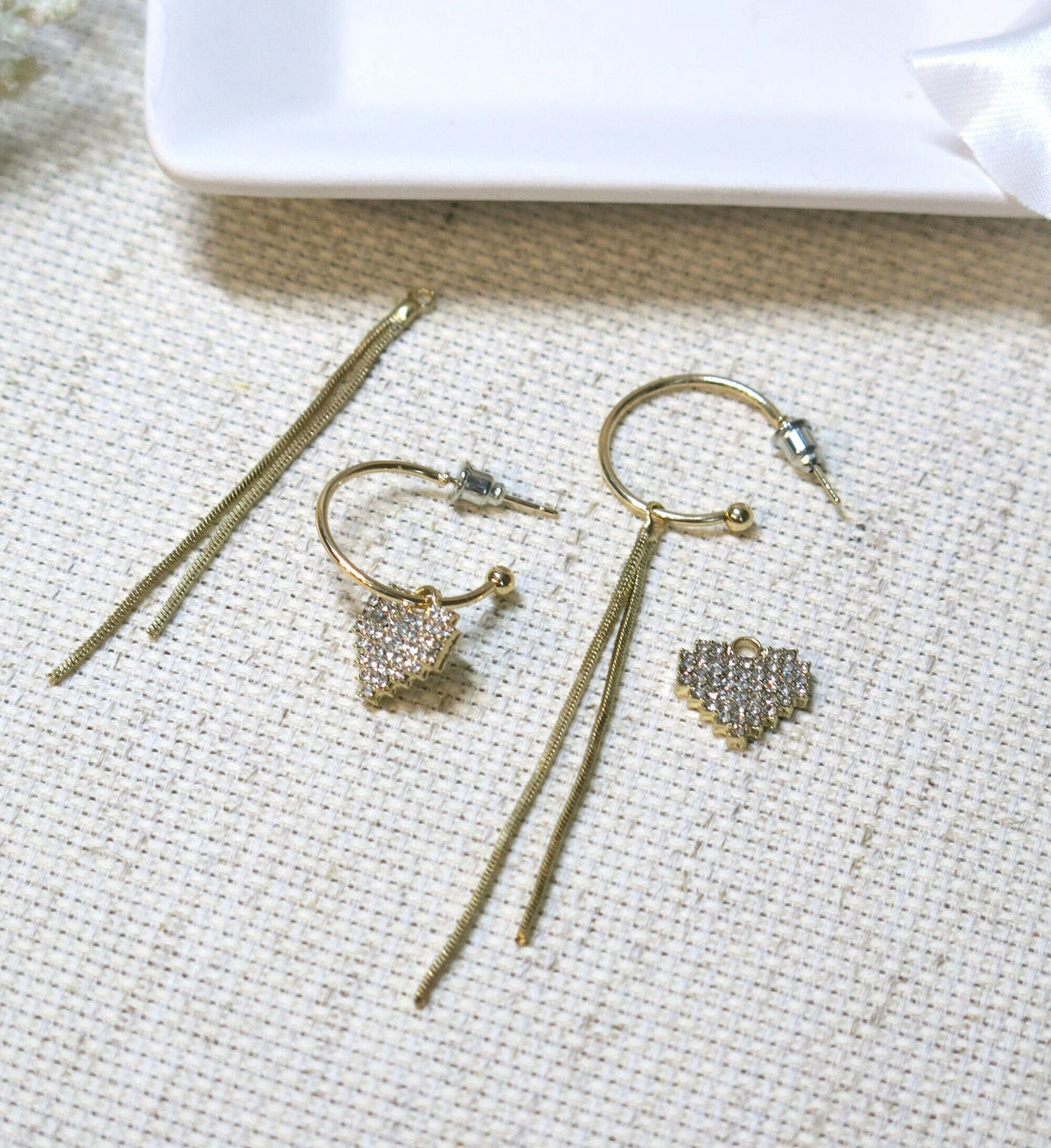 Studded Heart Charm Gold Hoop Earrings, Chain Dangle Charm Studs, Wedding Crystal Heart Charm Earrings - KaleaBoutique.com