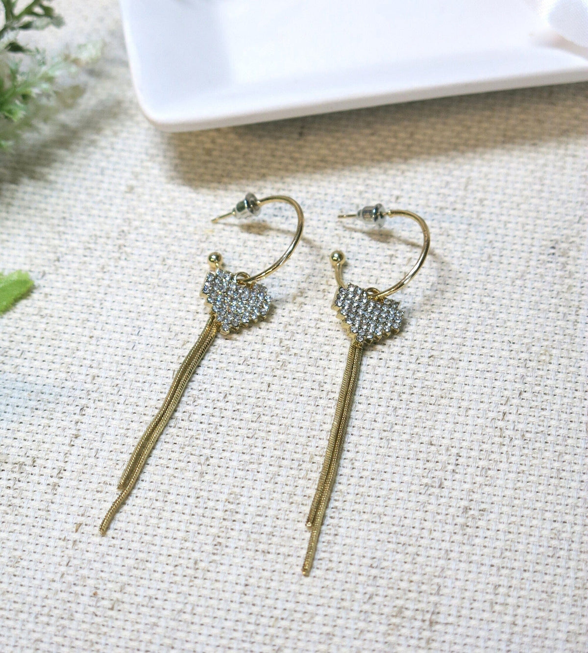 Studded Heart Charm Gold Hoop Earrings, Chain Dangle Charm Studs, Wedding Crystal Heart Charm Earrings - KaleaBoutique.com