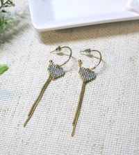 Studded Heart Charm Gold Hoop Earrings, Chain Dangle Charm Studs, Wedding Crystal Heart Charm Earrings - KaleaBoutique.com