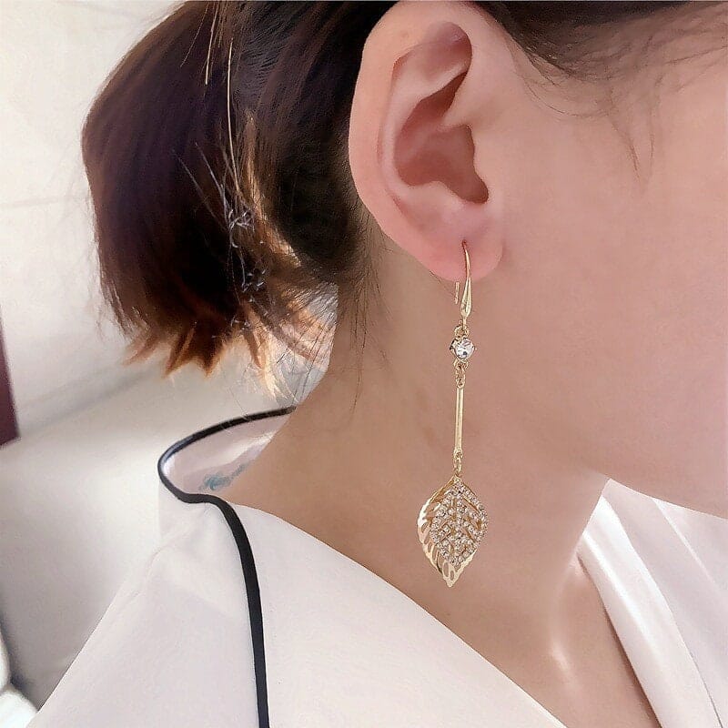 Studded Crystal Leaf Dangle Earrings, Bridal Gold Gem Leaf Tassel Earrings, Wedding Fashion Crystal Earrings - KaleaBoutique.com