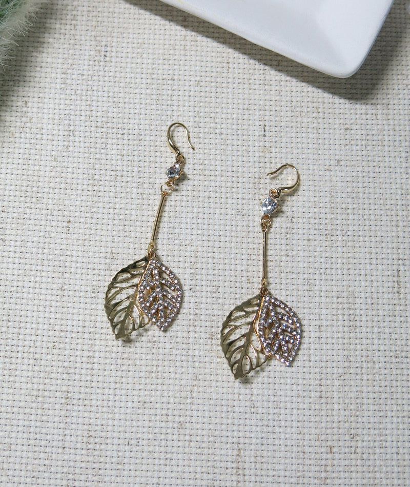 Studded Crystal Leaf Dangle Earrings, Bridal Gold Gem Leaf Tassel Earrings, Wedding Fashion Crystal Earrings - KaleaBoutique.com