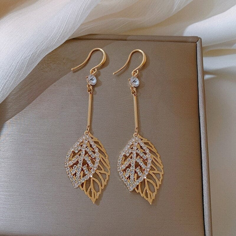 Studded Leaf Dainty Earrings, Bridal Gold Leaf Tassel Gem Earrings, Wedding Fashion Crystal Earrings, Statement Bridesmaid Dangle Earrings - KaleaBoutique.com