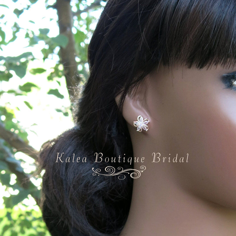 Swarovski Crystal S925 Silver Post Floral Ear Studs, Wedding Minimalist Bridal or Bridesmaid 14K Gold Plated Diamond Crystal Flower Earrings - KaleaBoutique.com