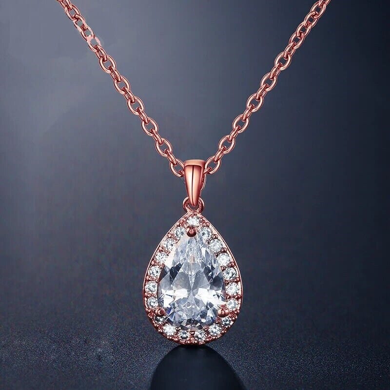 Teardrop Crystal Pendant Necklace, 14K Gold CZ Diamond Chain Necklace, Minimalist Crystal Pendant for Bridesmaids - KaleaBoutique.com