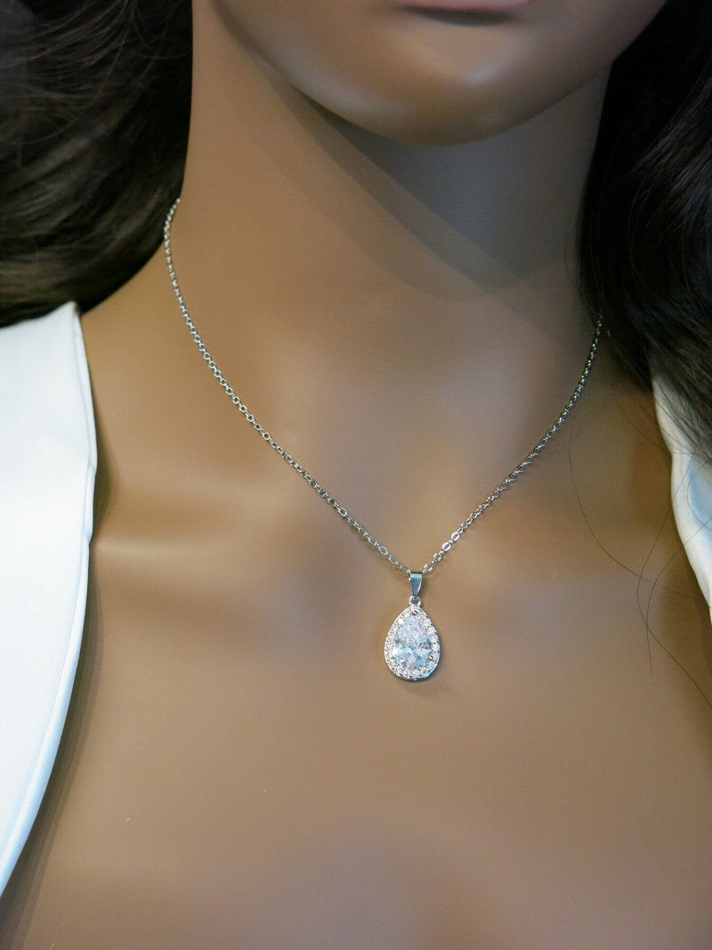 Teardrop Crystal Pendant Necklace, 14K Gold CZ Diamond Chain Necklace, Minimalist Crystal Pendant for Bridesmaids - KaleaBoutique.com