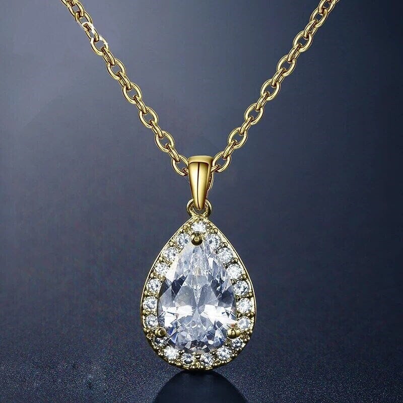 Teardrop Crystal Pendant Necklace, 14K Gold CZ Diamond Chain Necklace, Minimalist Crystal Pendant for Bridesmaids - KaleaBoutique.com