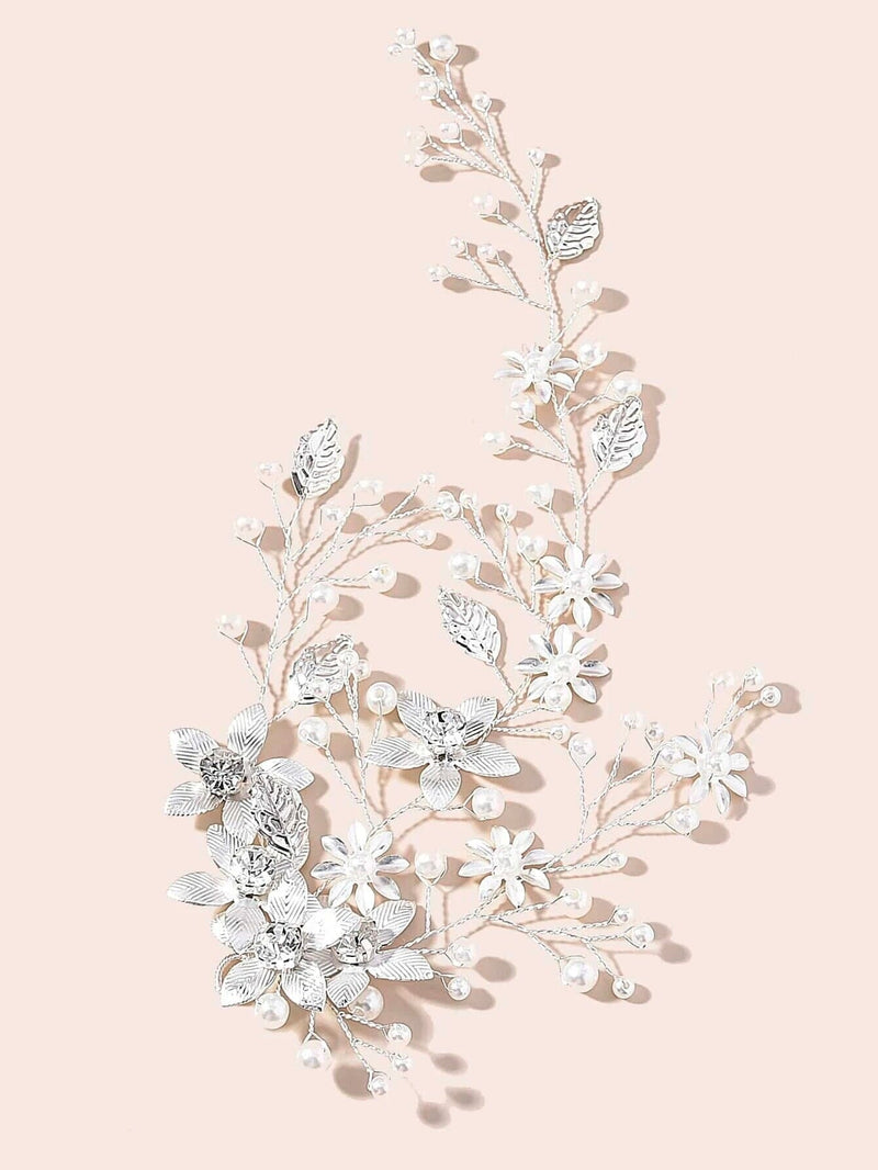 Three Branches Pearl Hair Vine, Bridal Crystal Flower Hairpiece, Wedding Head Wreath Floral Hair Wire - KaleaBoutique.com