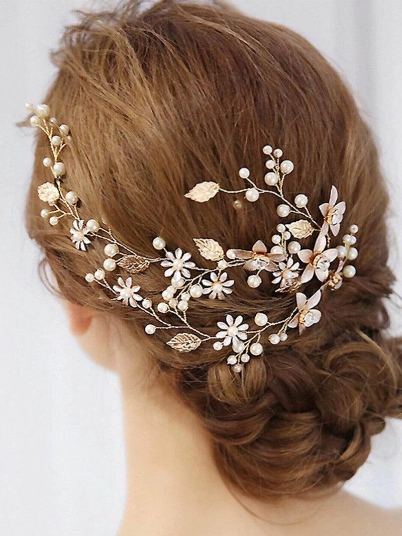 Three Branches Pearl Hair Vine, Bridal Crystal Flower Hairpiece, Wedding Head Wreath Floral Hair Wire - KaleaBoutique.com